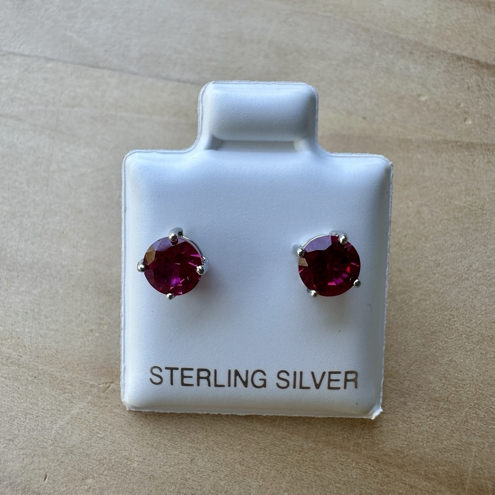 Stud Pierced Earrings Lab Created Rhodolite Garnet Gems Pink 925 Sterling 0.8g